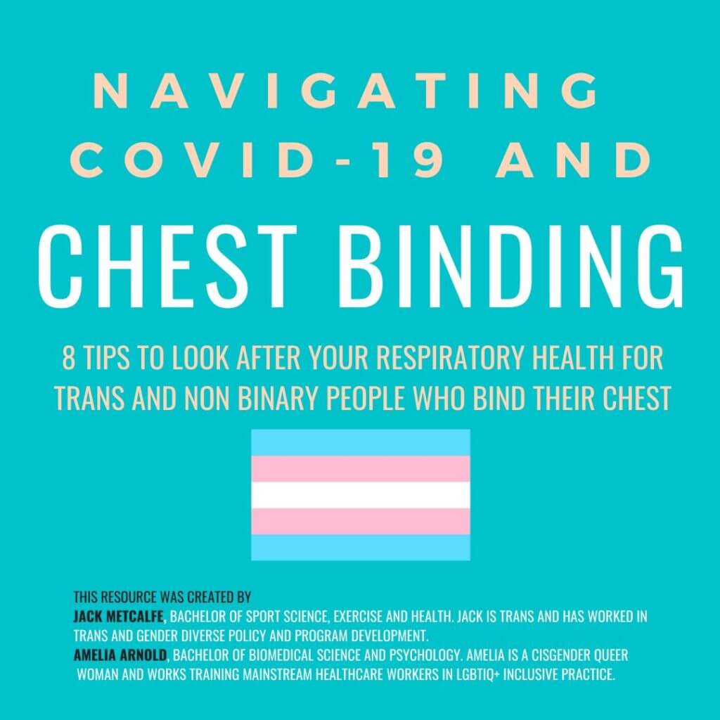 navigating COVID0-19 and Chest Binding
8 tips to look after your respiritory  health for Trans and non binary people who bind their chest image of a trans flag