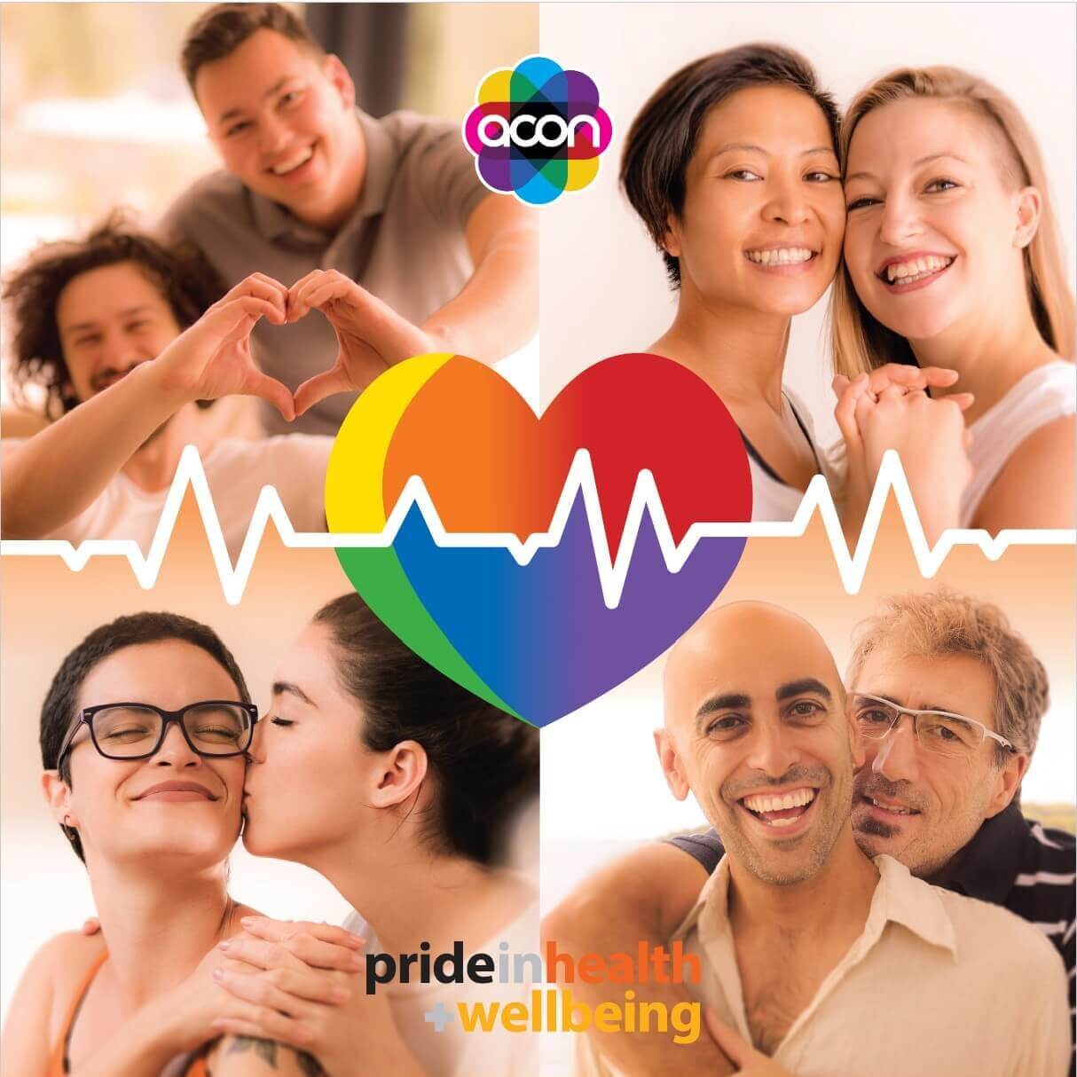 image of rainbow heart and heartbeat tracing in front of images of 4 LGBTQ couples in a variety of setting. ACON and Pride in Heath + Wellbeing logos on page too