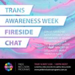 teaxt on pink and blue swirly background - trans awareness week fireside chat