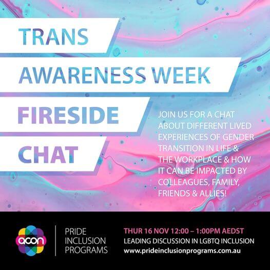 teaxt on pink and blue swirly background - trans awareness week fireside chat